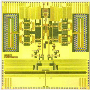 Photo of 94GHz all-silicon system-on-a-chip transmitter. 