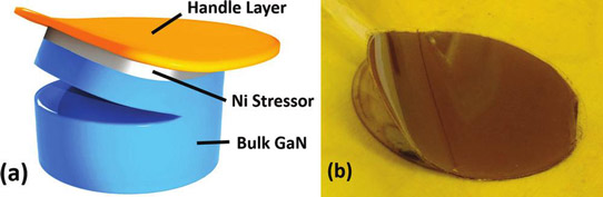 Figure 2: (a) Controlled spalling of bulk GaN substrate and (b) image of 2-inch bulk GaN wafer during process.
