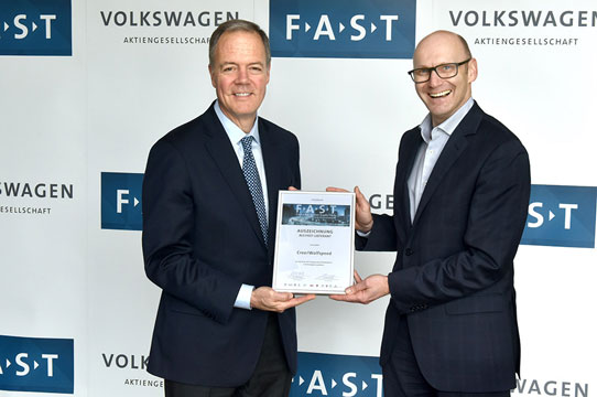 Cree’s CEO Gregg Lowe with Michael Baecker, head of Volkswagen Purchasing Connectivity during Volkswagen Group’s FAST partner selection ceremony in Wolfsburg, Germany. 