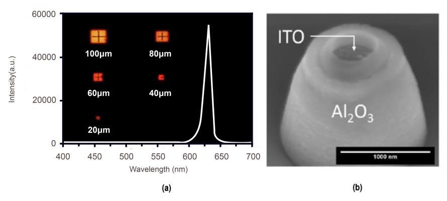 Picture: (a) Electroluminescence (EL) wavelength spectrum of red micro-LED and (b) blue and green micro-LEDs with a diameter of 1μm viewed under an electron microscope. 