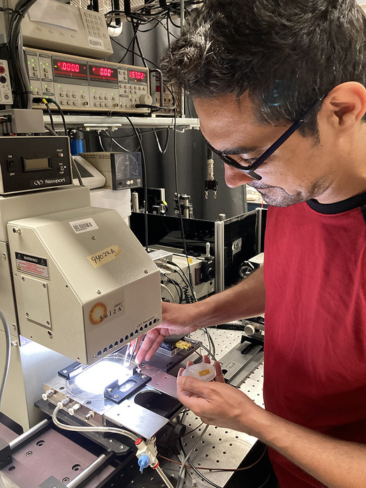 University of Oklahoma graduate student Hadi Afshari measuring next-generation solar cells on the solar simulator in the Sellers Lab. Ian Sellers is the lead on a new grant to develop ultra-high-efficiency solar cells.