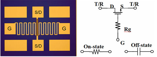 Figure 2: (a) Micrograph of RF switch device. (b) Device equivalent circuit.