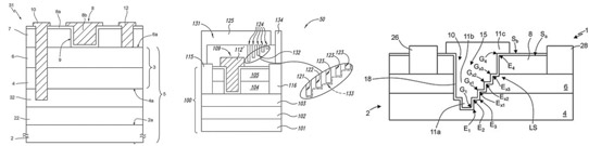 Figure 2: Normally-off structures patented in 2017-2018 by STMicroelectronics (US patents 10,566,450, 10,050,136 and 10,522,646). 