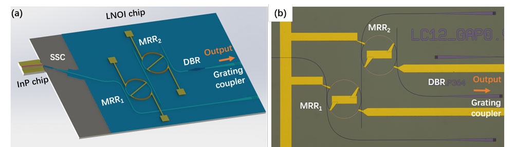 Figure 1: (a) Schematic for tunable hybrid LN/III-V laser using LNOI PIC for laser feedback; (b) microscope image of fabricated LNOI PIC.