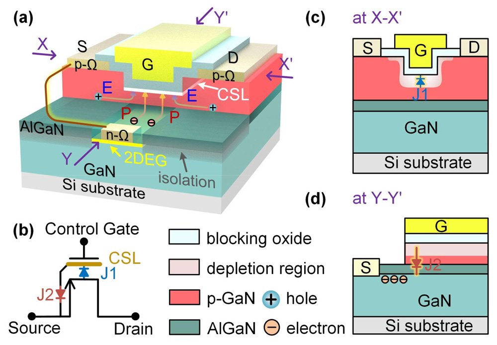 Figure 1: Schematics of GaN-based TO-free BJB memory device: (a) perspective view; (b) circuit symbol; cross-sectional view of (c) cutline X-X’ and (d) cutline Y-Y’. 