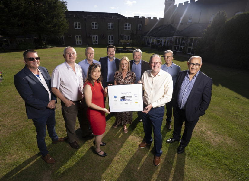 (Back row L-R): TechWorks’ CEO Alan Banks; PragmatIC’s Ken Williamson; Filtronic’s Richard Gibbs; Viper-RF’s Jim Mayock; Evince’s Gareth Taylor; Axenic’s Steve Clements; Isocom’s Thomas Bayat and (front row L-R): Business Durham’s Elaine Scott, NMI director Jillian Hughes; and MP Paul Howell. 