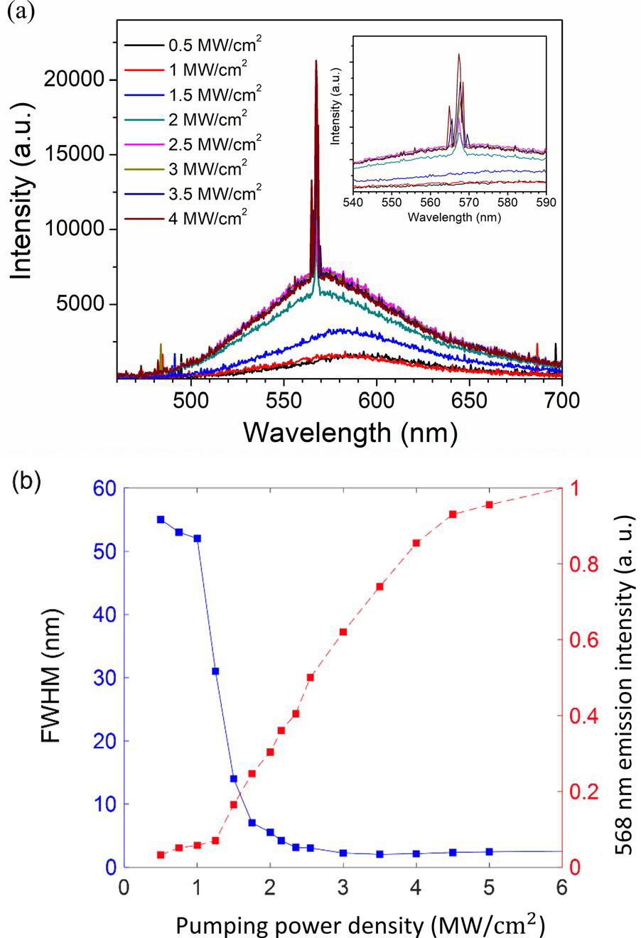 Figure 2: (a) Spectra collected at laser facet at various pumping power densities. Inset: close-up of stimulated emission wavelength. (b) Full-width at half maximum (FWHM) and intensity of simulated emission versus pumping power density.