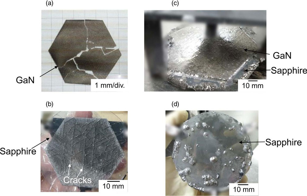 Figure 2: Optical images of grown crystal (a) on MPS substrate viewed from GaN surface and (b) viewed from sapphire surface; (c) grown crystal on LAS-MPS substrate viewed from GaN surface and (d) from sapphire surface.