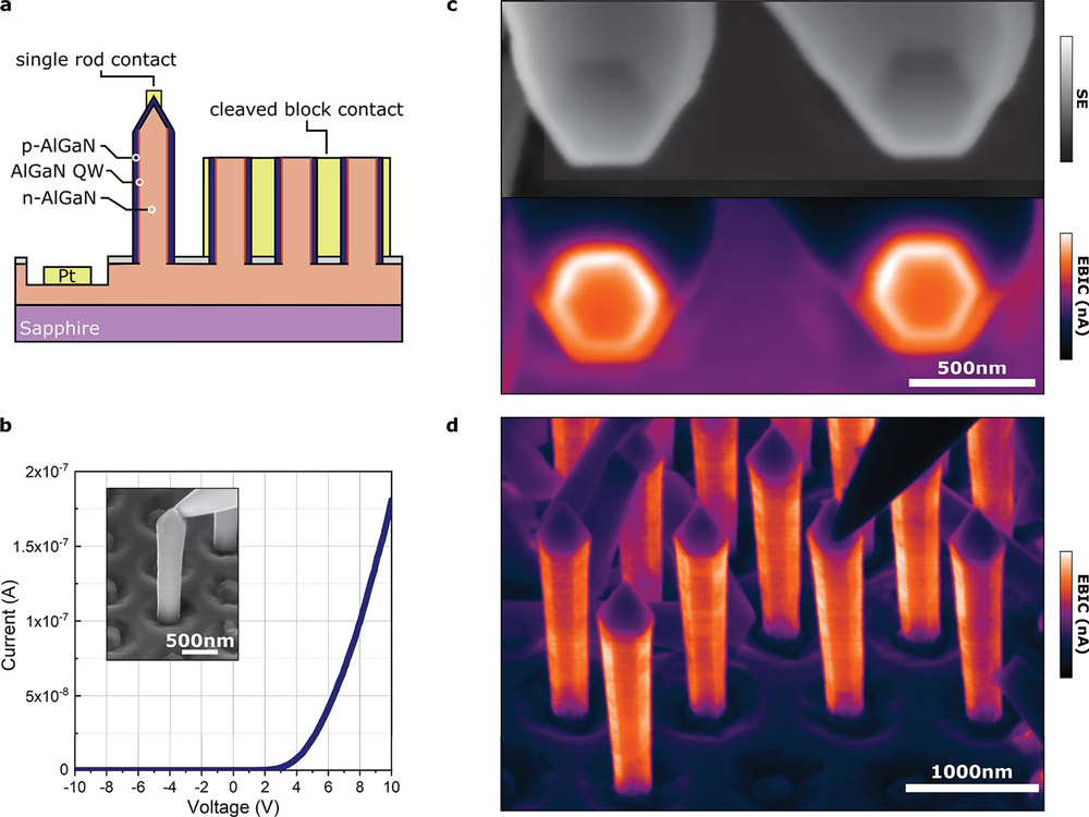 Figure 2: (a) Schematic of nanorod electrical testing architecture. (b) Example current–voltage curve for single rod contacted with nanoprobe as inset. (c) SEM (grayscale) and electron-beam-induced current (EBIC) images of cleaved block contact viewed above. (d) EBIC image of single-rod contact, with nanoprobe contacting above.