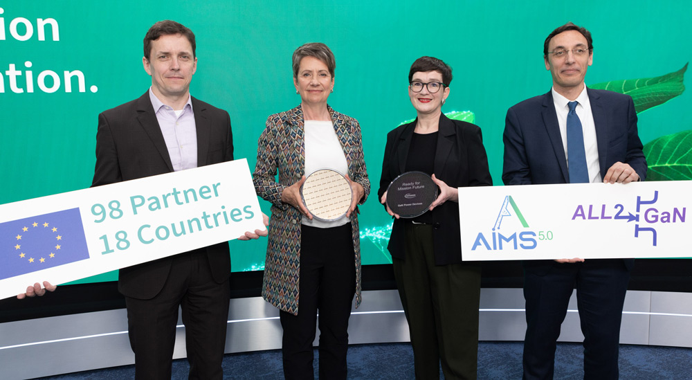 (From left to right) Johannes Schoiswohl, senior VP & general manager Business Line EPIC, Division Power & Sensor Systems, Infineon Technologies Austria AG; Infineon Technologies Austria AG CEO Sabine Herlitschka; Henriette Spyra, section head Innovation and Technology, Austrian Ministry for Climate Protection; and KDT JU programme manager Francisco Ignacio. 