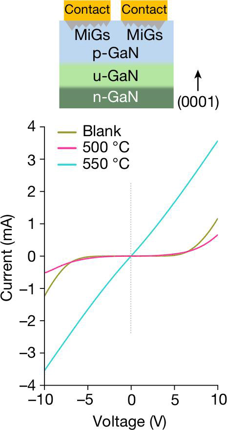 Figure 2: Current–voltage (I–V) characteristics of transfer-length-method test structures fabricated on p-type GaN samples, annealed with selective-area-patterned metallic Mg film at 500°C (10 min) and 550°C (10 min) compared with blank sample. 