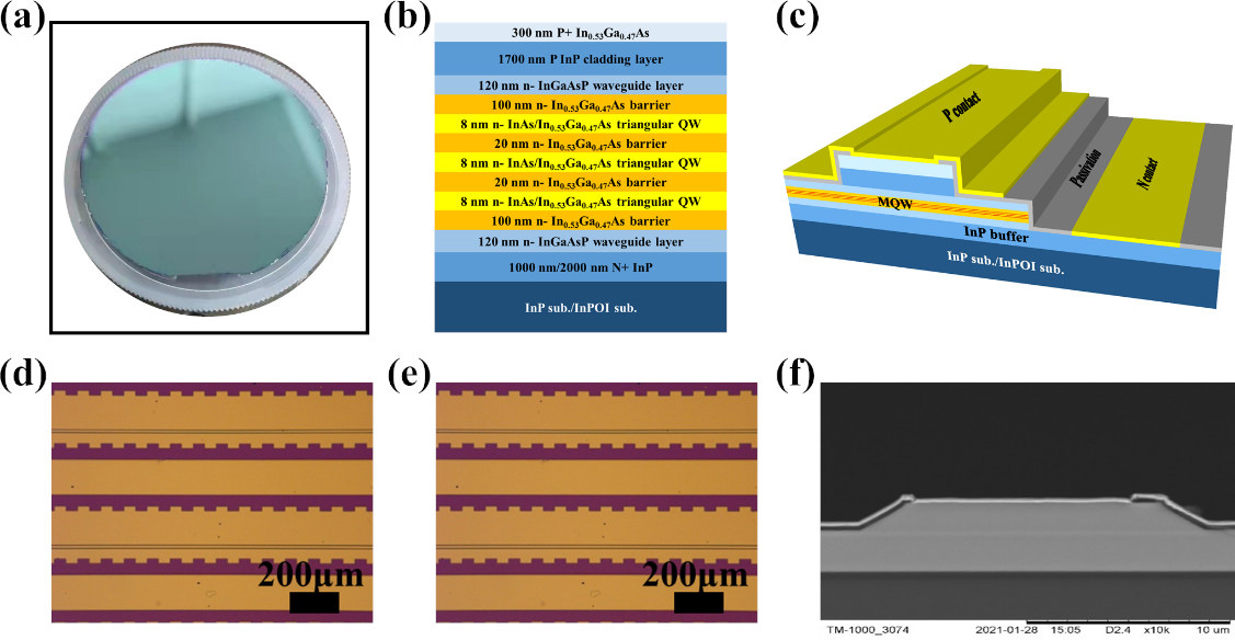 Figure 1: (a) As-prepared InPOI substrate; (b) epitaxial laser structure on InP or InPOI; (c) schematic 3D diagram of lasers; optical microscopy images of as-fabricated laser bars on (d) InP and (e) InPOI; (f) cross-section scanning electron microscope (SEM) image of as-cleaved laser on InPOI. 