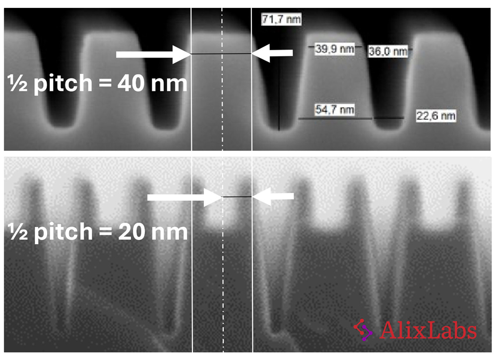 Scanning electron microscopy (SEM) images of amorphous silicon lines before (top) and after the APSTM process: nominal 40nm line width and 40nm half-pitch converted to lines with width below 15nm and a half-pitch of 20nm. 