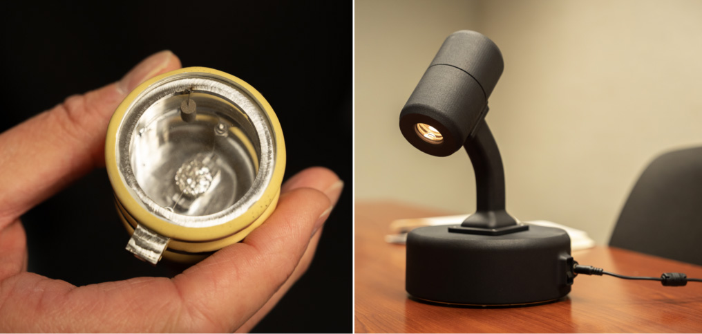 Left: NS Nanotech far-UVC ShortWaveLight 215 Emitter device. Right: The ShortWaveLight 215 Emitter built into a lamp to demonstrate its light. Photos: Jero Lopera. 