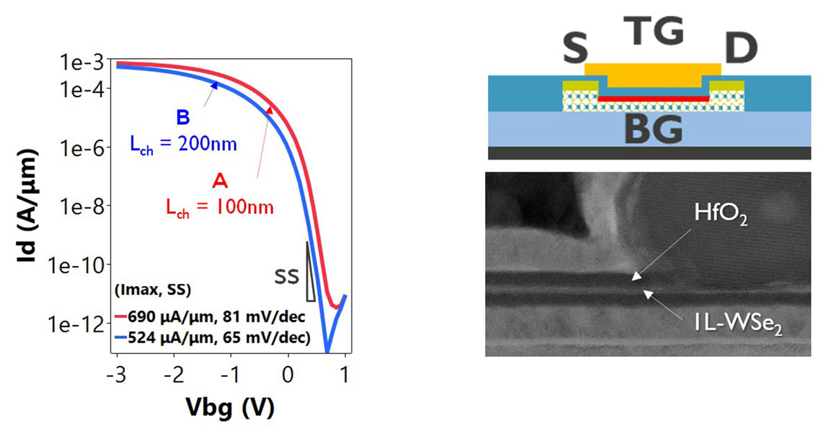 Figure 1. (Left) Transfer curves of 2D-pFET devices using defect-passivated synthetically-created bi-layer WSe2 films, with best device showing Imax = 690µA/µm; (right) TEM cross-section of finalized dual-gated 2D pFET (Lch=channel length TG=top gate; BG=back gate; S=source; D=drain; IL=interlayer), in collaboration with TSMC.