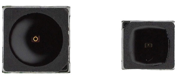 Marktech’s new 25µm-aperture 650nm-peak-wavelength red dot LEDs: (left) 2.1mm-square SMD and (right) 1.6mm x 1.5mm super-compact SMD. 