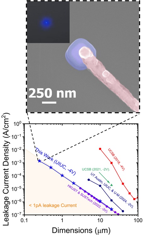 Top-down fabricated submicron LEDs (250nm dimensions) and (bottom) leakage current density benchmark with literature.