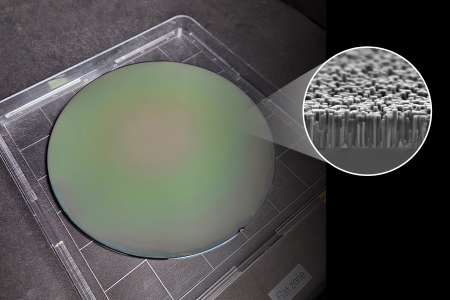 IVWorks’ 200mm InGaN/GaN nanowire epiwafer. Right: a scanning electron microscope (SEM) image of the nanowire structure magnified 100,000 times.