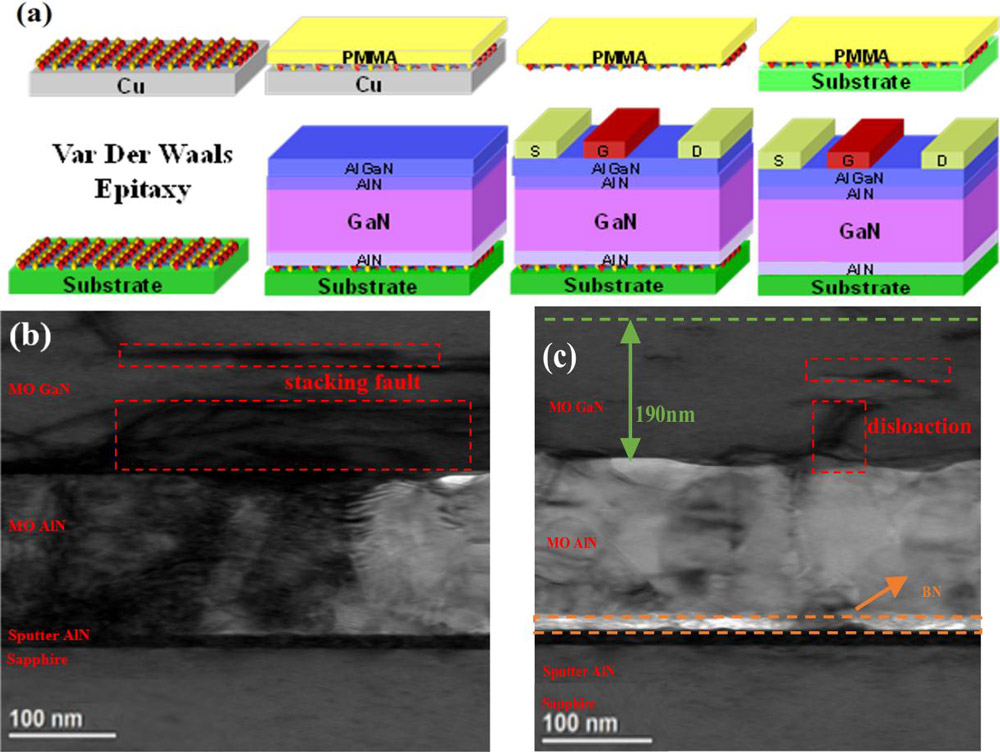Figure 1: (a) Van der Waals epitaxy process and cross-sectional schematics of AlGaN/GaN HEMTs. (b) Interface scanning transmission electron microscope (STEM) cross section of bottom layer of sample without BN buffer. (c) Same but with BN buffer. 