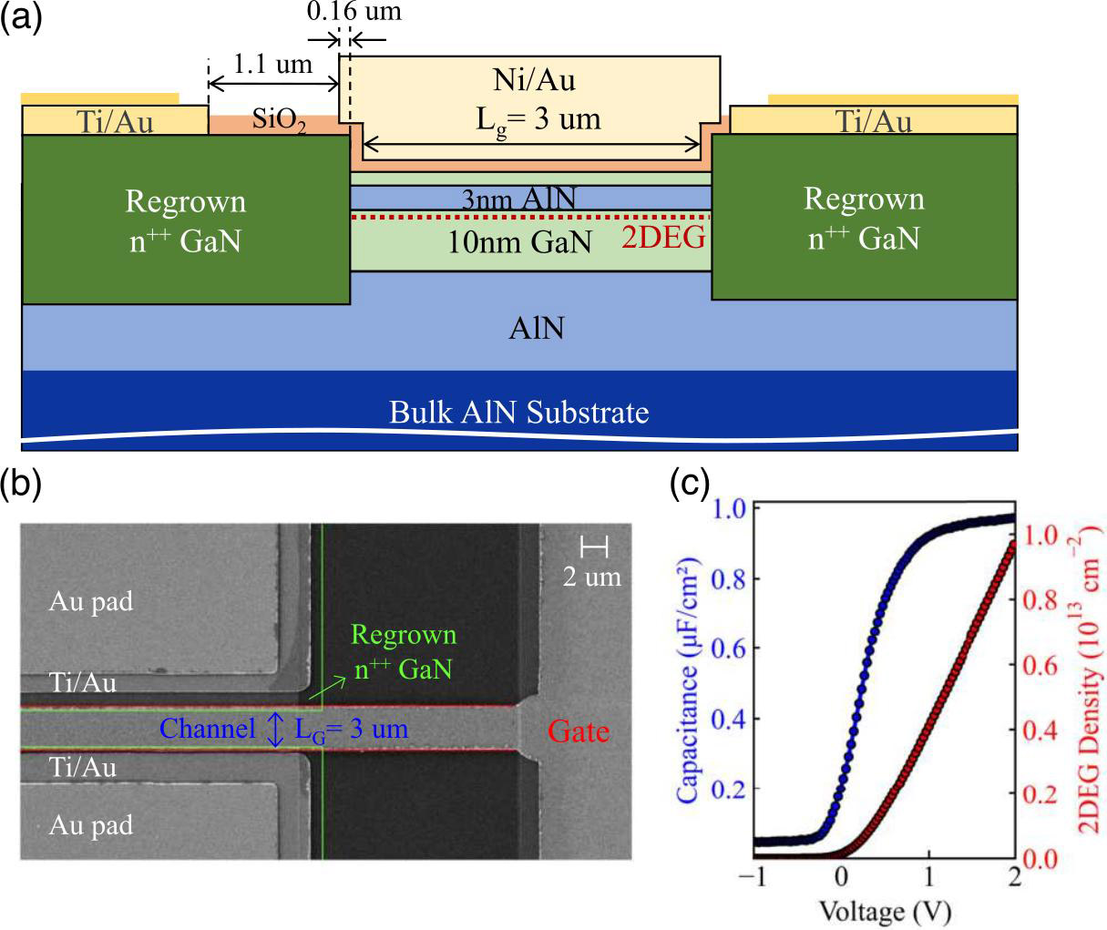 Figure 2: (a) Schematic cross section of the fabricated long-channel MOSFET. (b) Top-view scanning electron microscopy (SEM) image of fabricated device. (c) Capacitance−voltage measurements at room temperature using 5MHz excitation with 10μm gate length (LG) and 50μm width indicating n-type electron channel for positive voltages.
