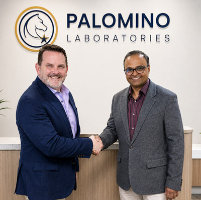 Co-founder & CEO Jeff Shealy (left) welcomes Vega Links CEO Karthik Gopalakrishnan (right) to Palomino Laboratories for the acquisition signing ceremony.