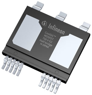 Infineon’s H-DPAK top-side-cooling package, housing integrated half-bridge devices in 750V CoolSiC G2 technology. 